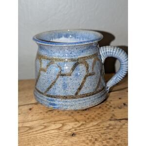 Light Blue & Tan Geometric Design Signed Studio Pottery Mug